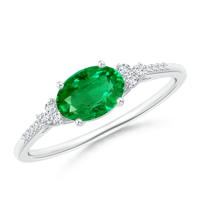 7x5mm AAA Horizontally Set Oval Emerald Solitaire Ring with Trio Diamond Accents in White Gold 