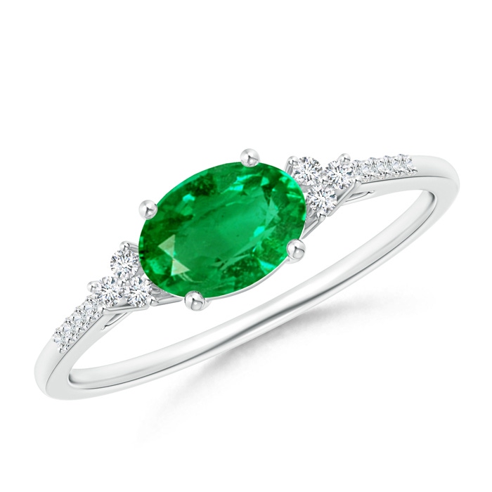 7x5mm AAA Horizontally Set Oval Emerald Solitaire Ring with Trio Diamond Accents in White Gold