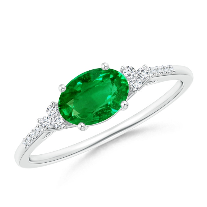 7x5mm AAAA Horizontally Set Oval Emerald Solitaire Ring with Trio Diamond Accents in S999 Silver