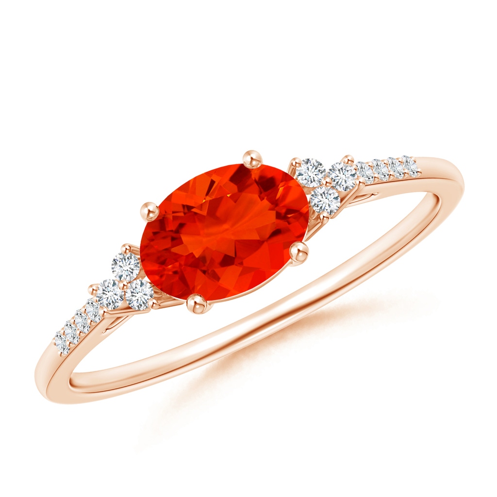 7x5mm AAAA Horizontally Set Oval Fire Opal Ring with Trio Diamonds in Rose Gold