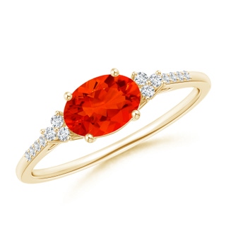 7x5mm AAAA Horizontally Set Oval Fire Opal Ring with Trio Diamonds in Yellow Gold