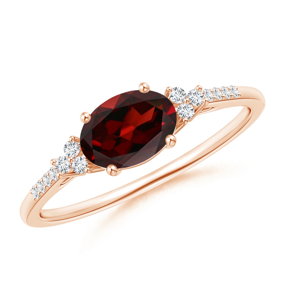 7x5mm AAA Horizontally Set Oval Garnet Solitaire Ring with Trio Diamond Accents in Rose Gold 