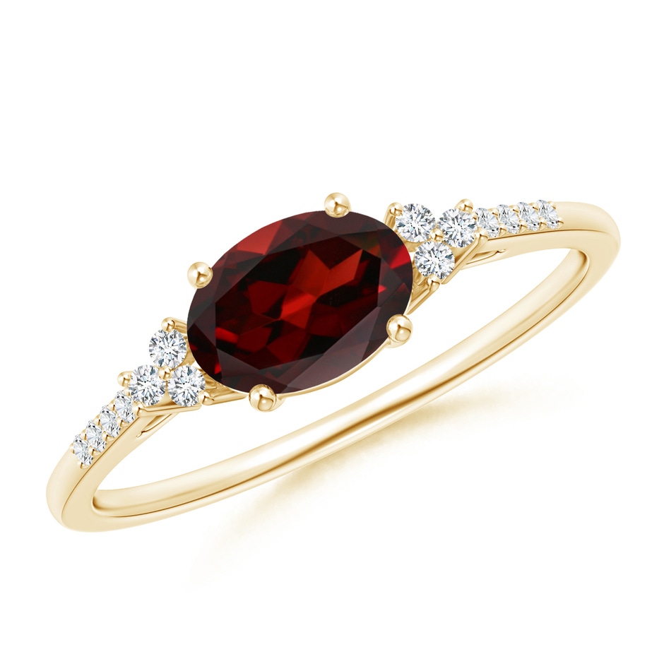 7x5mm AAA Horizontally Set Oval Garnet Solitaire Ring with Trio Diamond Accents in Yellow Gold 