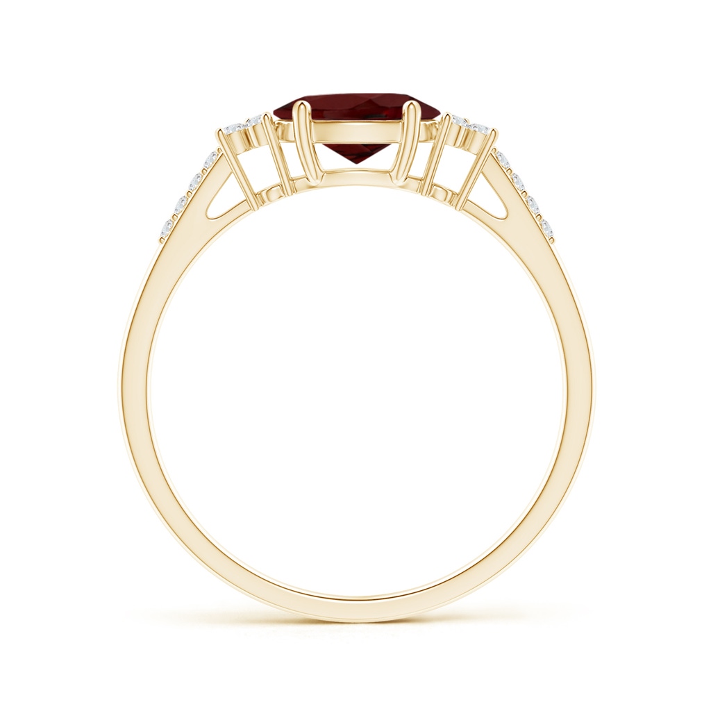 7x5mm AAA Horizontally Set Oval Garnet Solitaire Ring with Trio Diamond Accents in Yellow Gold Side-1