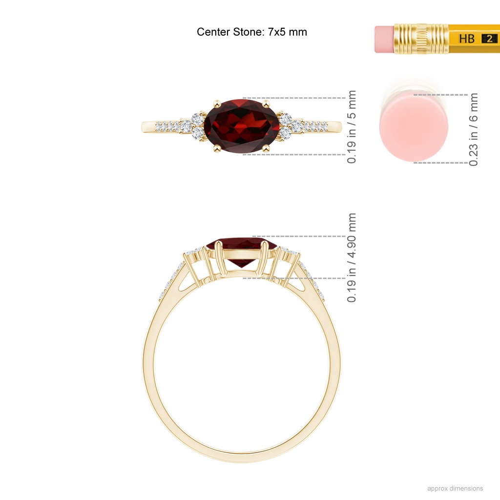 7x5mm AAA Horizontally Set Oval Garnet Solitaire Ring with Trio Diamond Accents in Yellow Gold Ruler