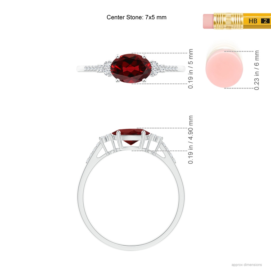 7x5mm AAAA Horizontally Set Oval Garnet Solitaire Ring with Trio Diamond Accents in White Gold Ruler