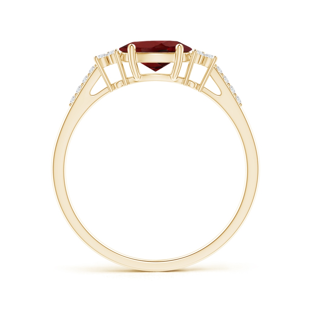 7x5mm AAAA Horizontally Set Oval Garnet Solitaire Ring with Trio Diamond Accents in Yellow Gold Side-1