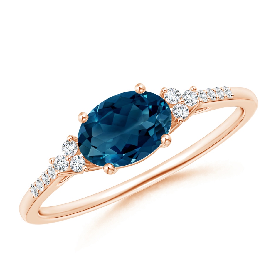 7x5mm AAAA Horizontally Set Oval London Blue Topaz Ring with Diamonds in Rose Gold 