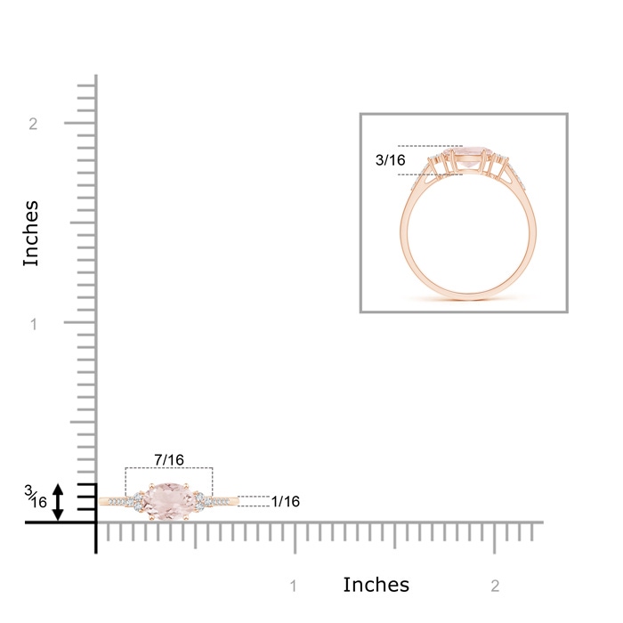 7x5mm A Horizontally Set Oval Morganite Solitaire Ring with Trio Diamond Accents in Rose Gold ruler