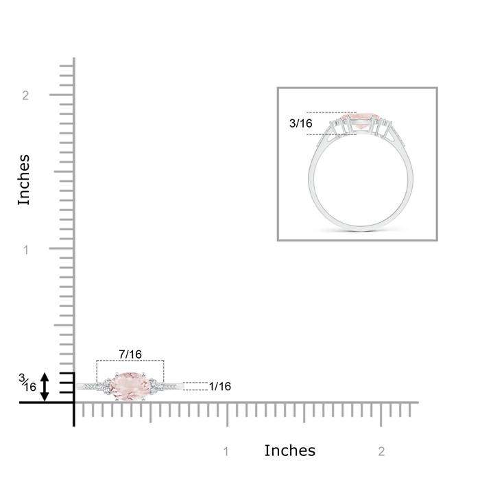 7x5mm A Horizontally Set Oval Morganite Solitaire Ring with Trio Diamond Accents in White Gold ruler