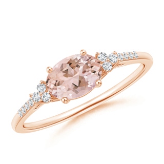 7x5mm AAAA Horizontally Set Oval Morganite Solitaire Ring with Trio Diamond Accents in Rose Gold