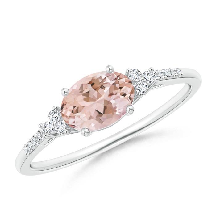 7x5mm AAAA Horizontally Set Oval Morganite Solitaire Ring with Trio Diamond Accents in White Gold