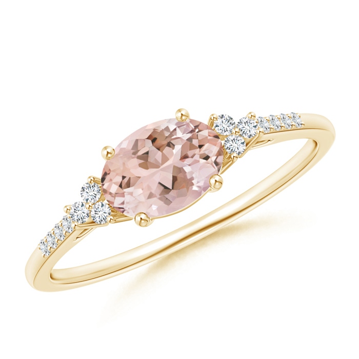 7x5mm AAAA Horizontally Set Oval Morganite Solitaire Ring with Trio Diamond Accents in Yellow Gold