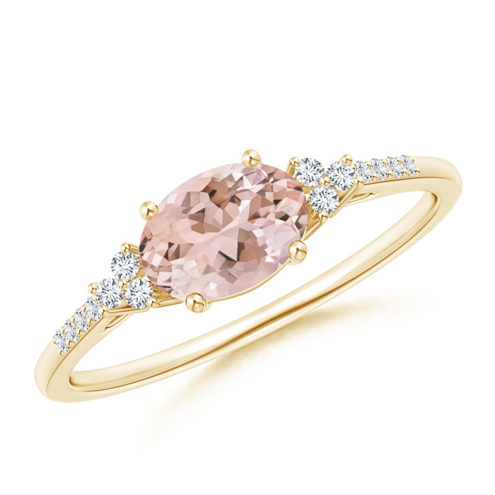 7x5mm AAAA Horizontally Set Oval Morganite Solitaire Ring with Trio Diamond Accents in Yellow Gold 