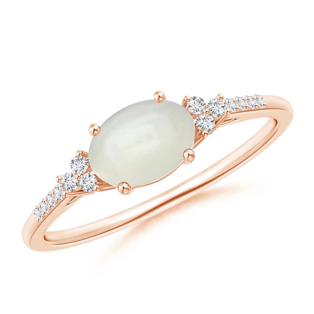 7x5mm AAAA Horizontally Set Oval Moonstone Ring with Trio Diamonds  in Rose Gold