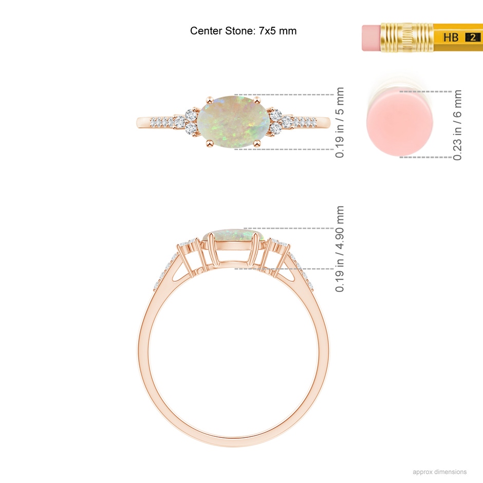7x5mm AAA Horizontally Set Oval Opal Ring with Trio Diamonds in 18K Rose Gold ruler