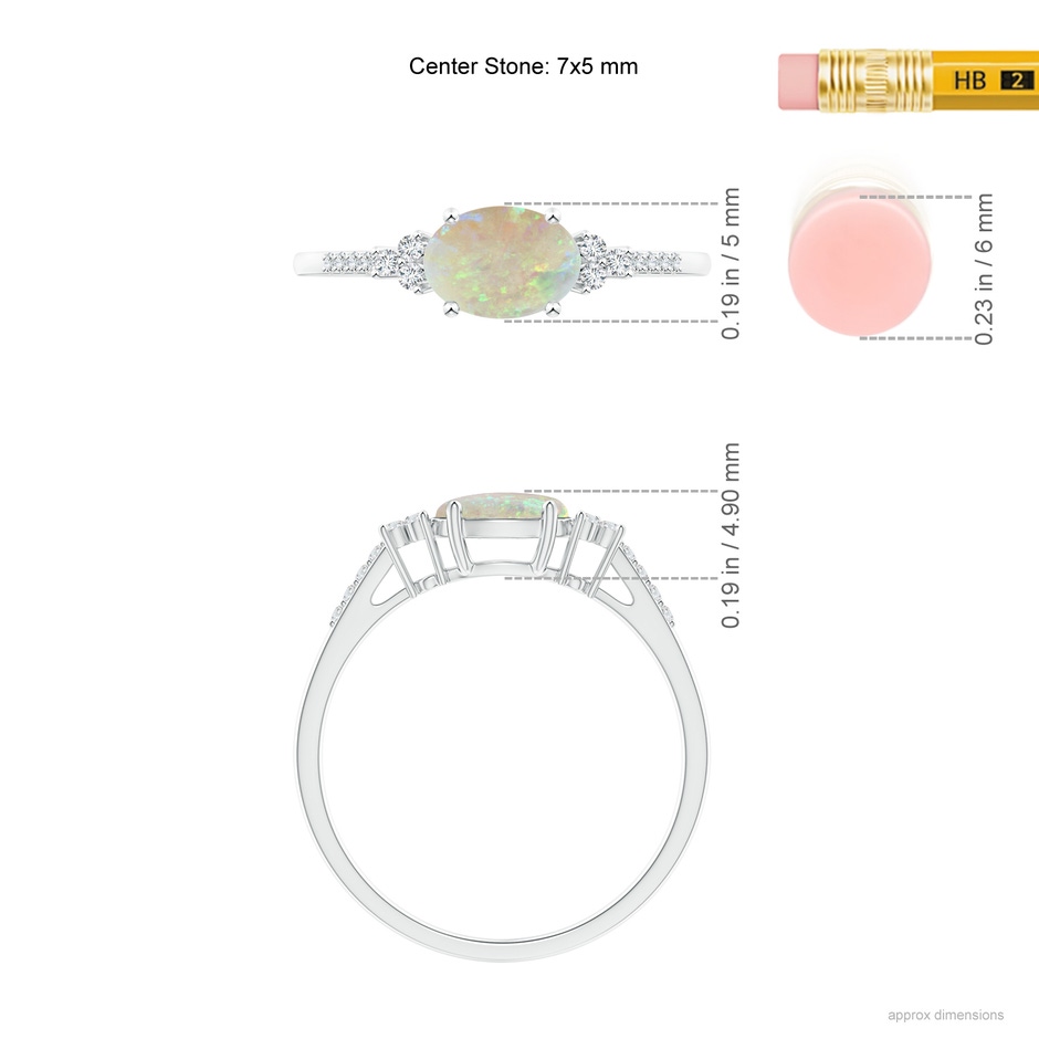 7x5mm AAA Horizontally Set Oval Opal Ring with Trio Diamonds in White Gold ruler