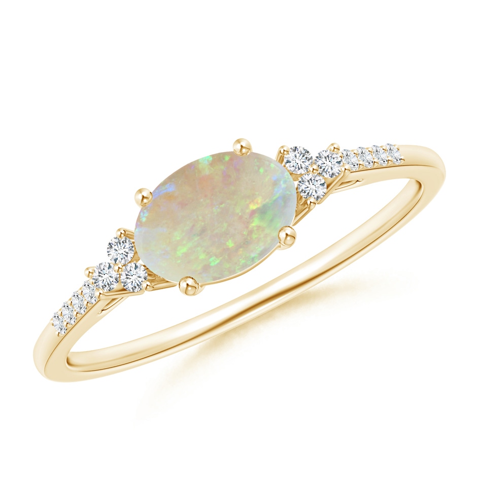 7x5mm AAA Horizontally Set Oval Opal Ring with Trio Diamonds in Yellow Gold 