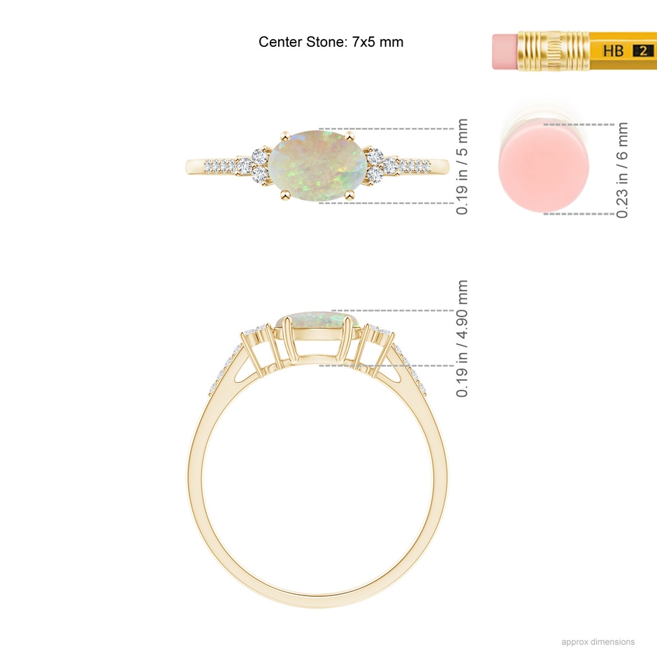 7x5mm AAA Horizontally Set Oval Opal Ring with Trio Diamonds in Yellow Gold ruler