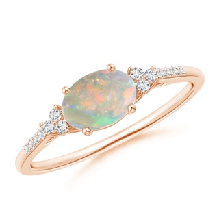 7x5mm AAAA Horizontally Set Oval Opal Ring with Trio Diamonds in 10K Rose Gold