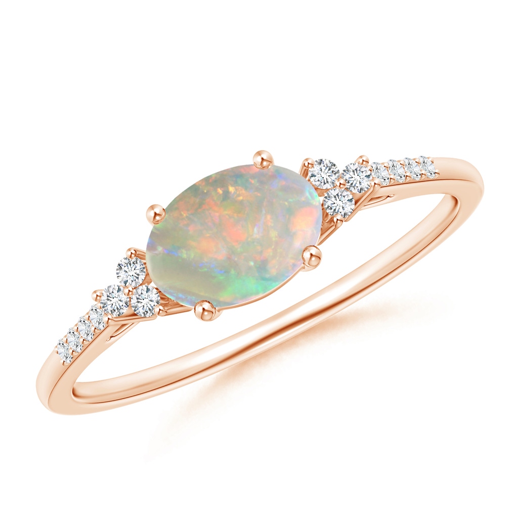 7x5mm AAAA Horizontally Set Oval Opal Ring with Trio Diamonds  in Rose Gold