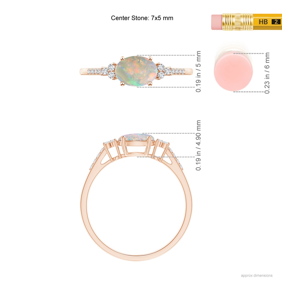 7x5mm AAAA Horizontally Set Oval Opal Ring with Trio Diamonds in Rose Gold ruler