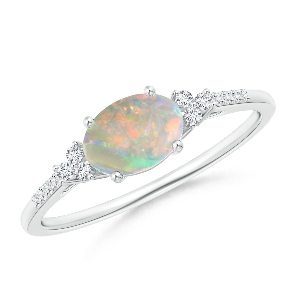 7x5mm AAAA Horizontally Set Oval Opal Ring with Trio Diamonds  in White Gold