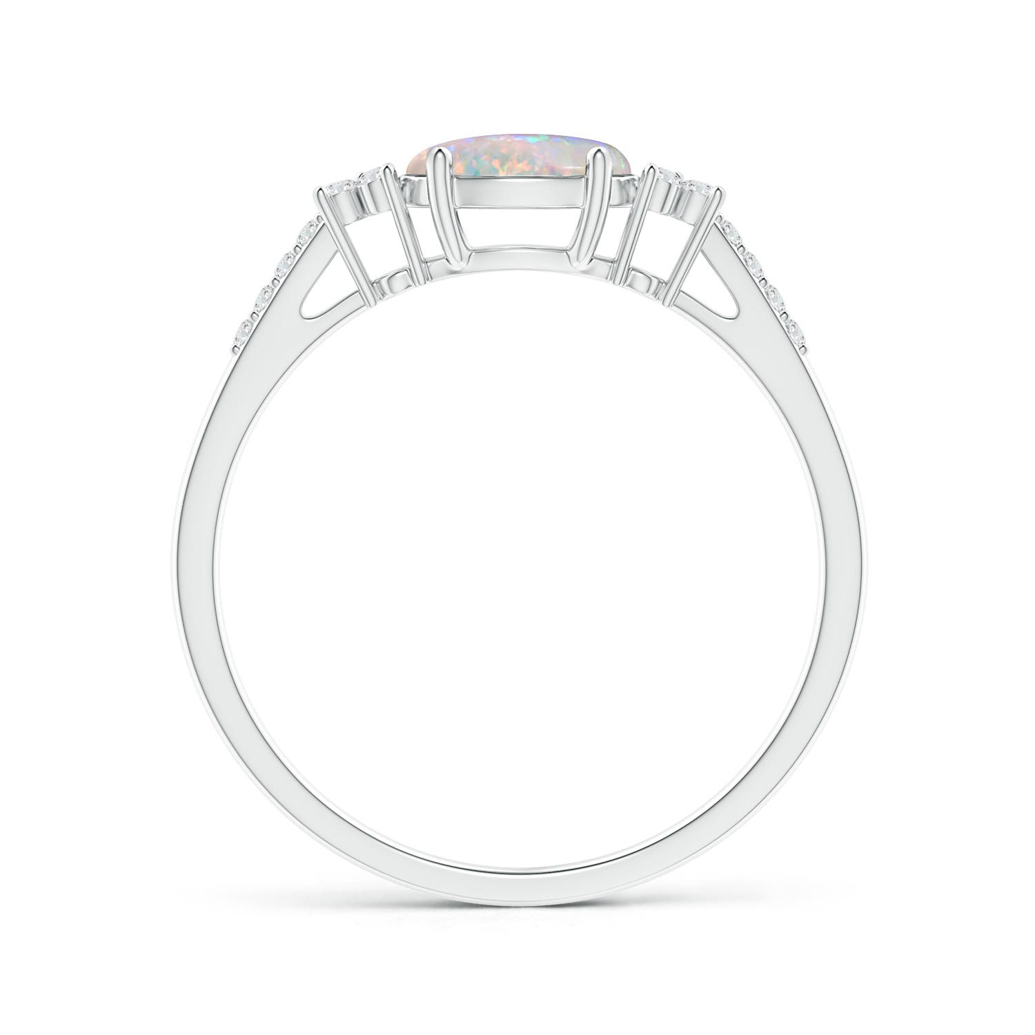 7x5mm AAAA Horizontally Set Oval Opal Ring with Trio Diamonds in White Gold - side 3