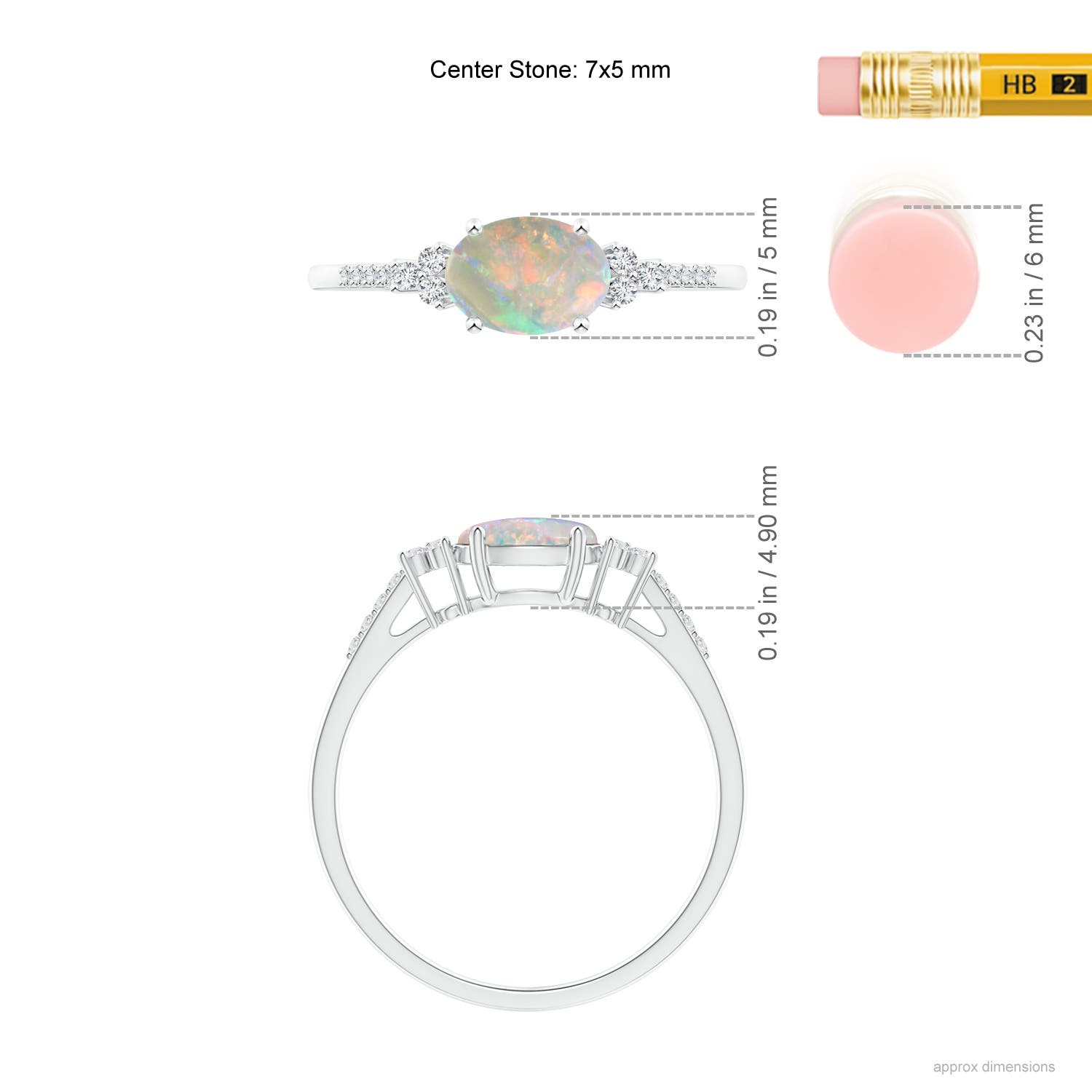 7x5mm AAAA Horizontally Set Oval Opal Ring with Trio Diamonds in White Gold - ruler