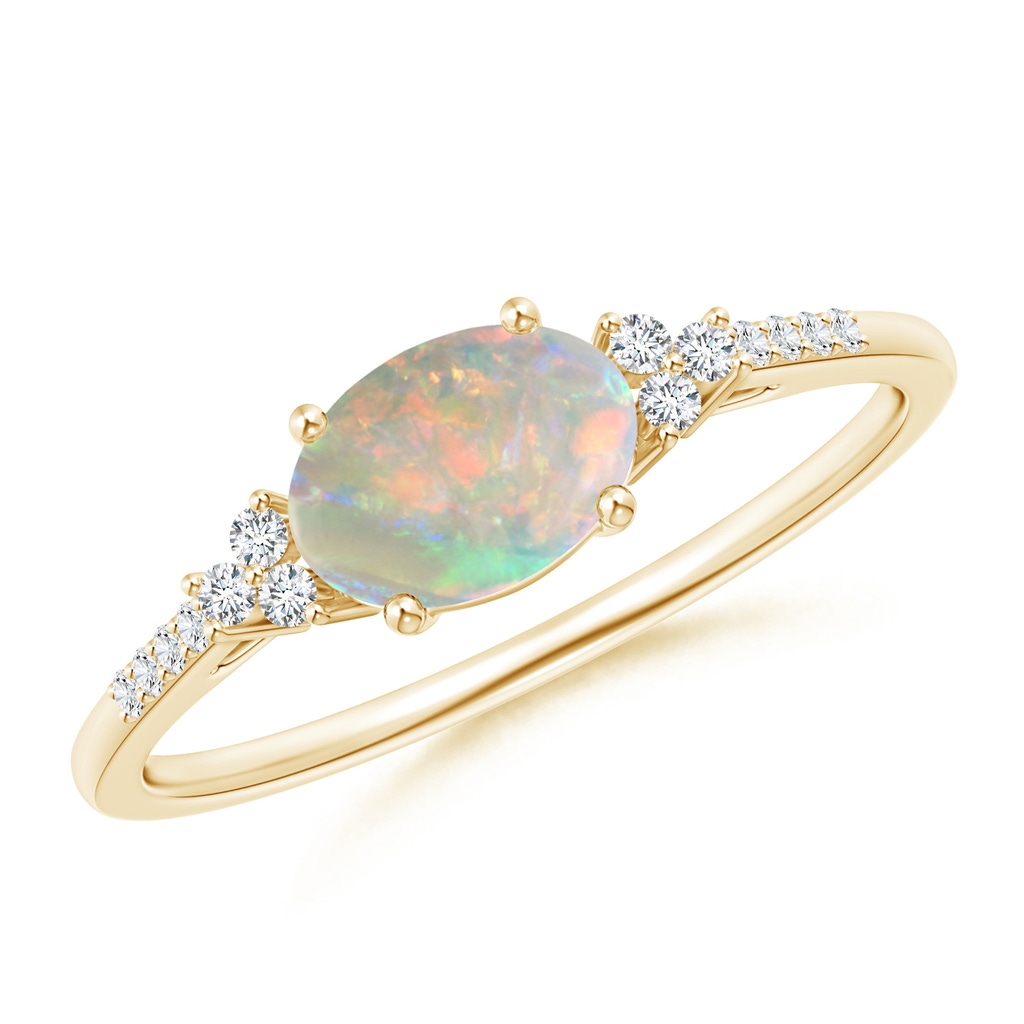 7x5mm AAAA Horizontally Set Oval Opal Ring with Trio Diamonds  in Yellow Gold