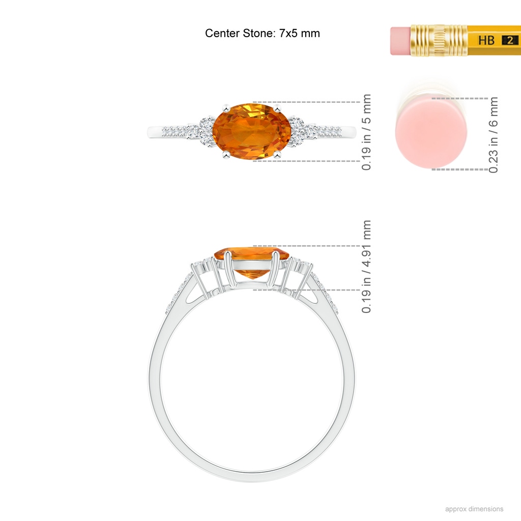 7x5mm AAA Horizontally Set Oval Orange Sapphire Ring with Diamonds in White Gold Ruler
