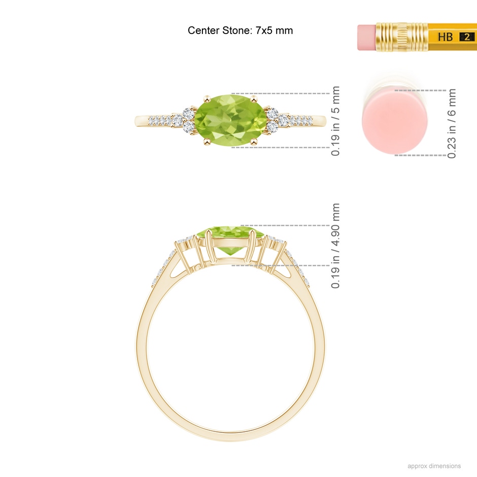 7x5mm AA Horizontally Set Oval Peridot Solitaire Ring with Trio Diamond Accents in 18K Yellow Gold ruler