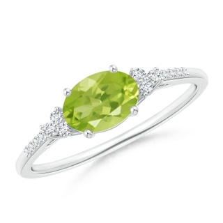 7x5mm AA Horizontally Set Oval Peridot Solitaire Ring with Trio Diamond Accents in S999 Silver