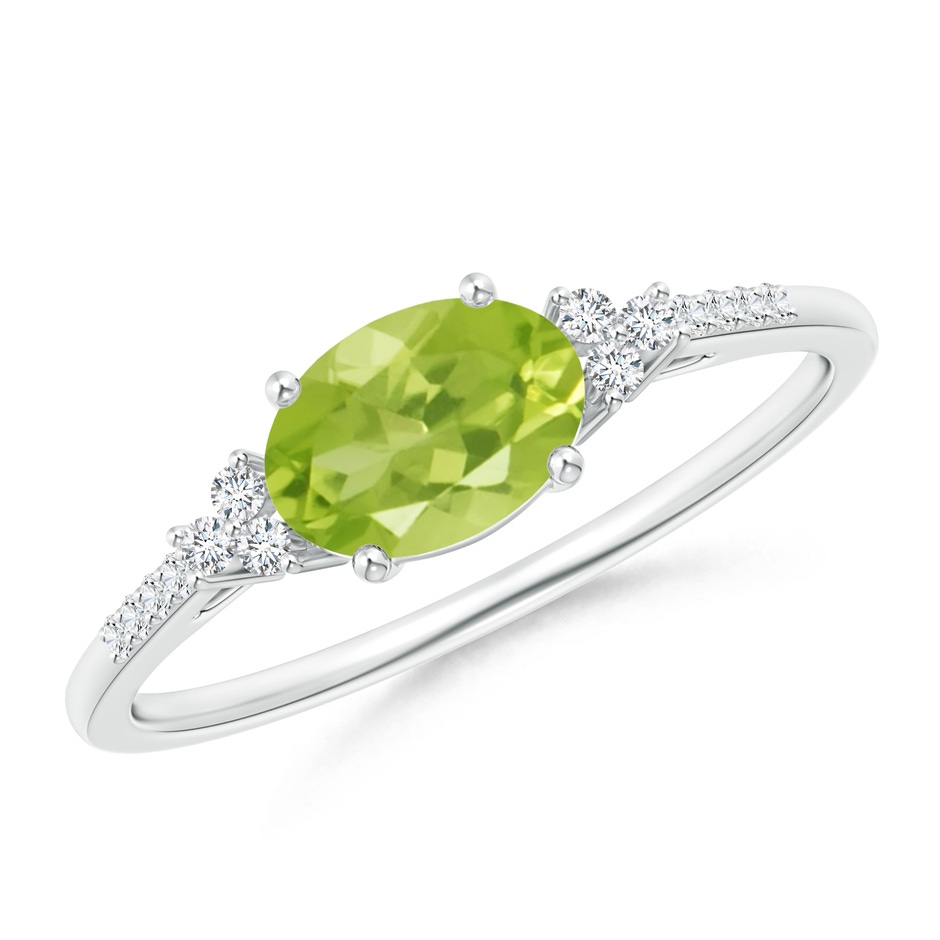 7x5mm AA Horizontally Set Oval Peridot Solitaire Ring with Trio Diamond Accents in White Gold 