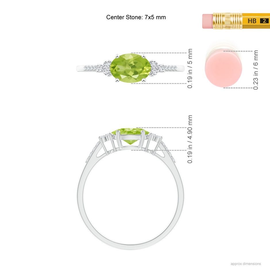 7x5mm AA Horizontally Set Oval Peridot Solitaire Ring with Trio Diamond Accents in White Gold ruler