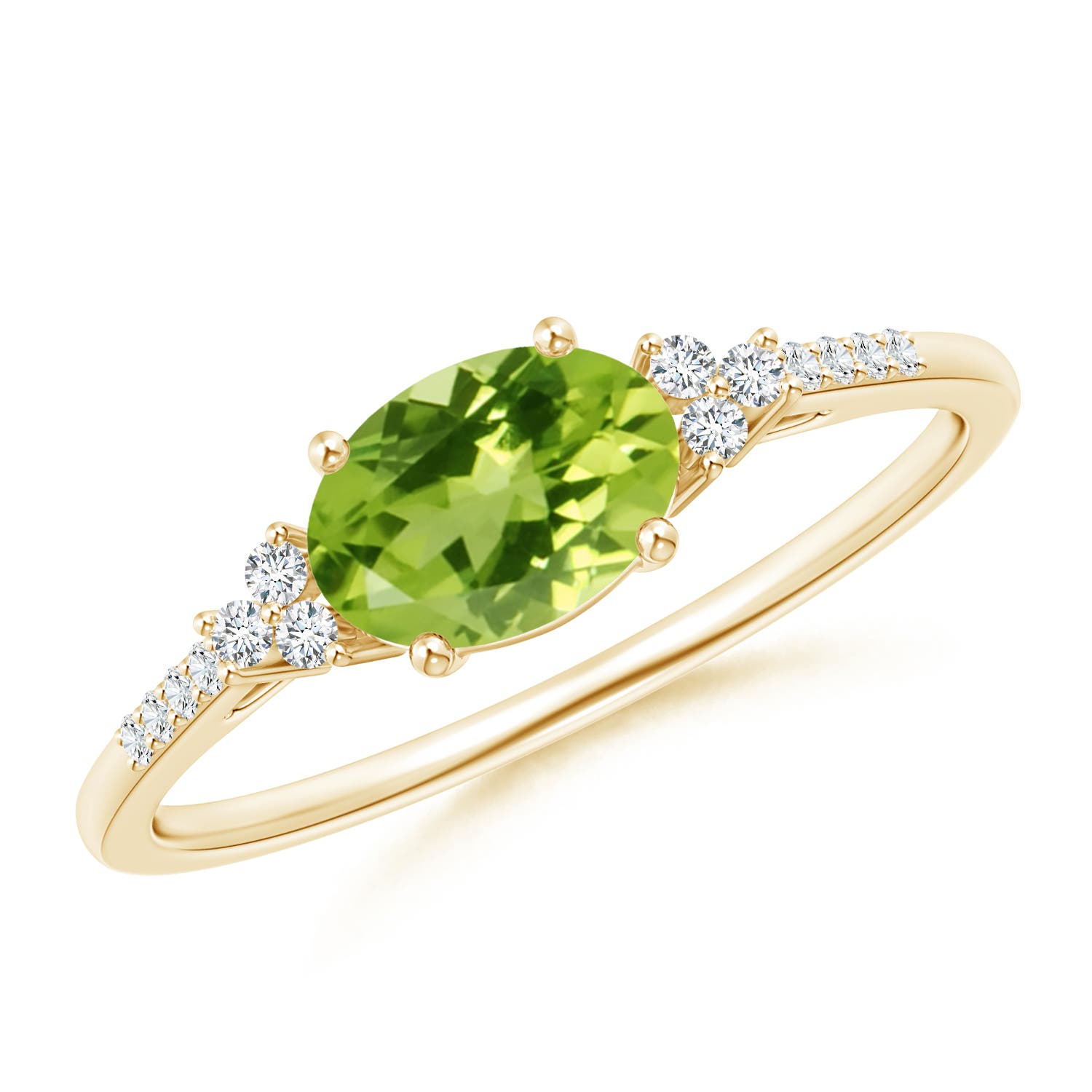 7x5mm AAA Horizontally Set Oval Peridot Solitaire Ring with Trio Diamond Accents in 18CT Yellow Gold