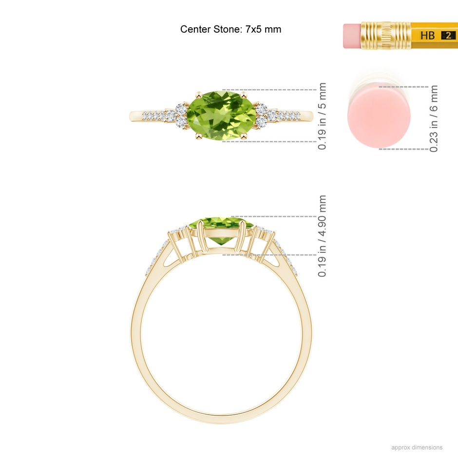 7x5mm AAA Horizontally Set Oval Peridot Solitaire Ring with Trio Diamond Accents in 18K Yellow Gold ruler