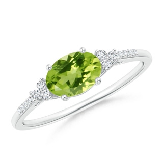 7x5mm AAA Horizontally Set Oval Peridot Solitaire Ring with Trio Diamond Accents in S999 Silver