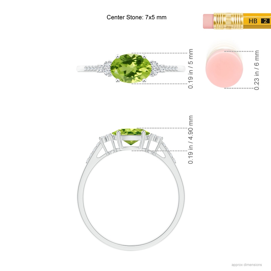 7x5mm AAA Horizontally Set Oval Peridot Solitaire Ring with Trio Diamond Accents in White Gold ruler