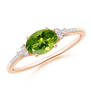 7x5mm AAAA Horizontally Set Oval Peridot Solitaire Ring with Trio Diamond Accents in 10K Rose Gold