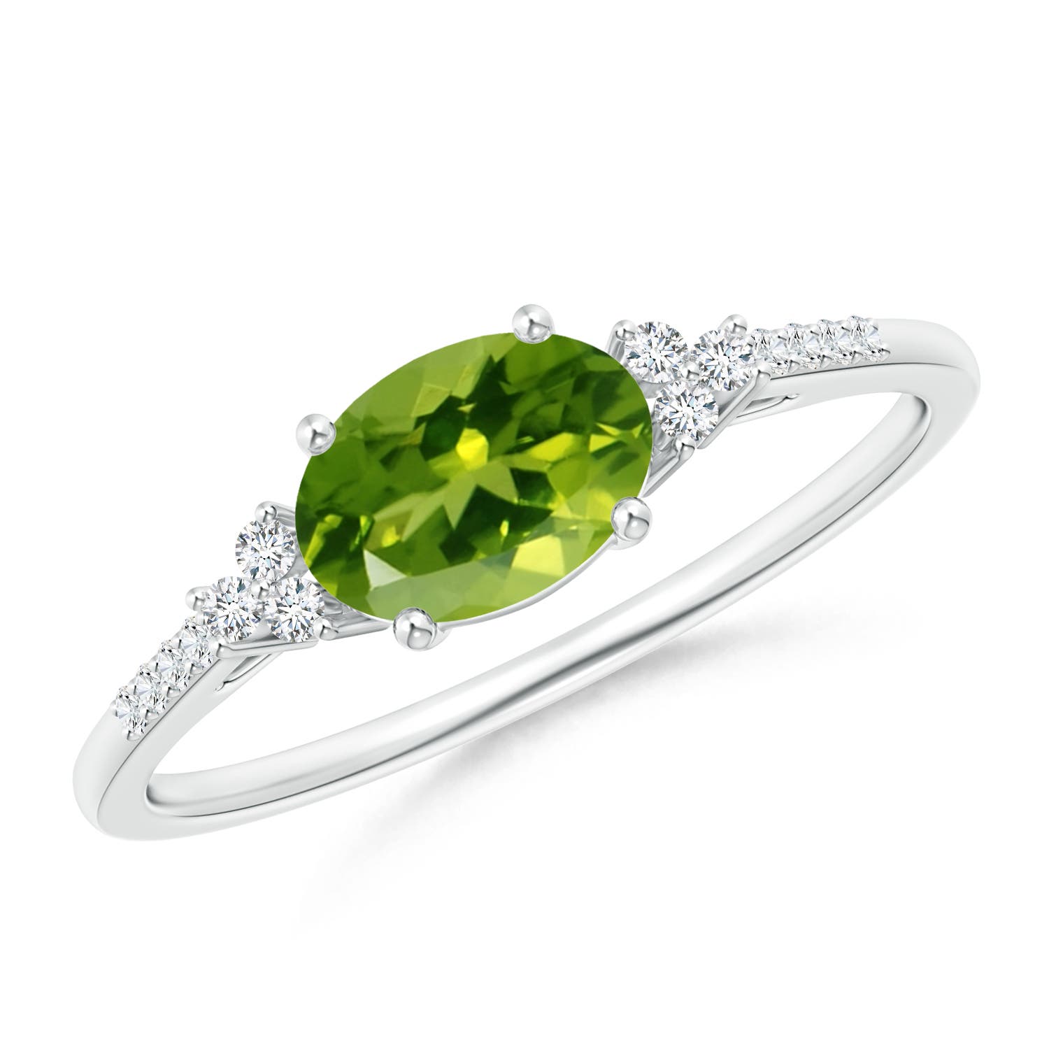 7x5mm AAAA Horizontally Set Oval Peridot Solitaire Ring with Trio Diamond Accents in 18CT White Gold