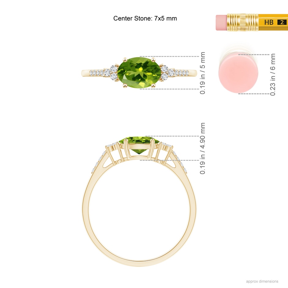 7x5mm AAAA Horizontally Set Oval Peridot Solitaire Ring with Trio Diamond Accents in 18K Yellow Gold ruler
