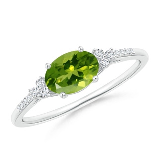 7x5mm AAAA Horizontally Set Oval Peridot Solitaire Ring with Trio Diamond Accents in 9K White Gold