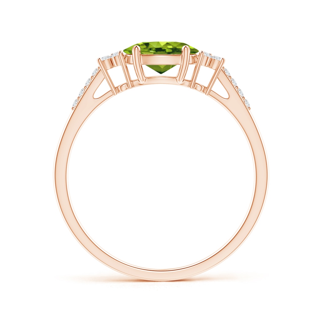 7x5mm AAAA Horizontally Set Oval Peridot Solitaire Ring with Trio Diamond Accents in Rose Gold - side 199