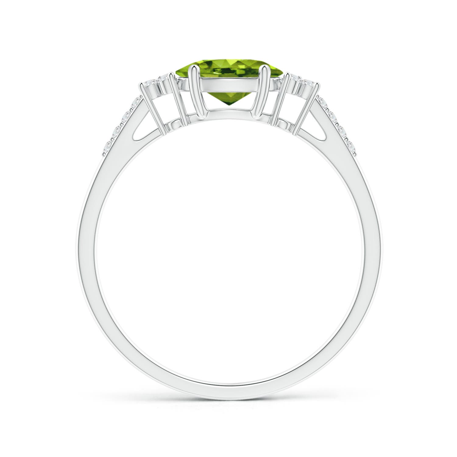 7x5mm AAAA Horizontally Set Oval Peridot Solitaire Ring with Trio Diamond Accents in White Gold - side 2