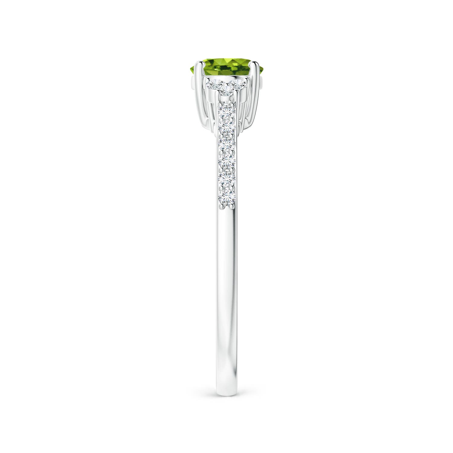 7x5mm AAAA Horizontally Set Oval Peridot Solitaire Ring with Trio Diamond Accents in White Gold - side 3