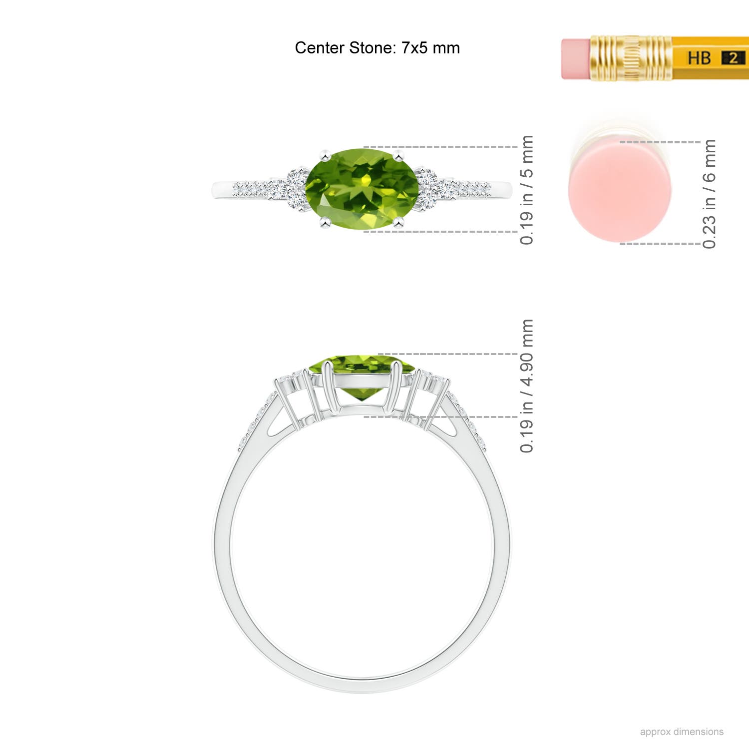 7x5mm AAAA Horizontally Set Oval Peridot Solitaire Ring with Trio Diamond Accents in White Gold - ruler