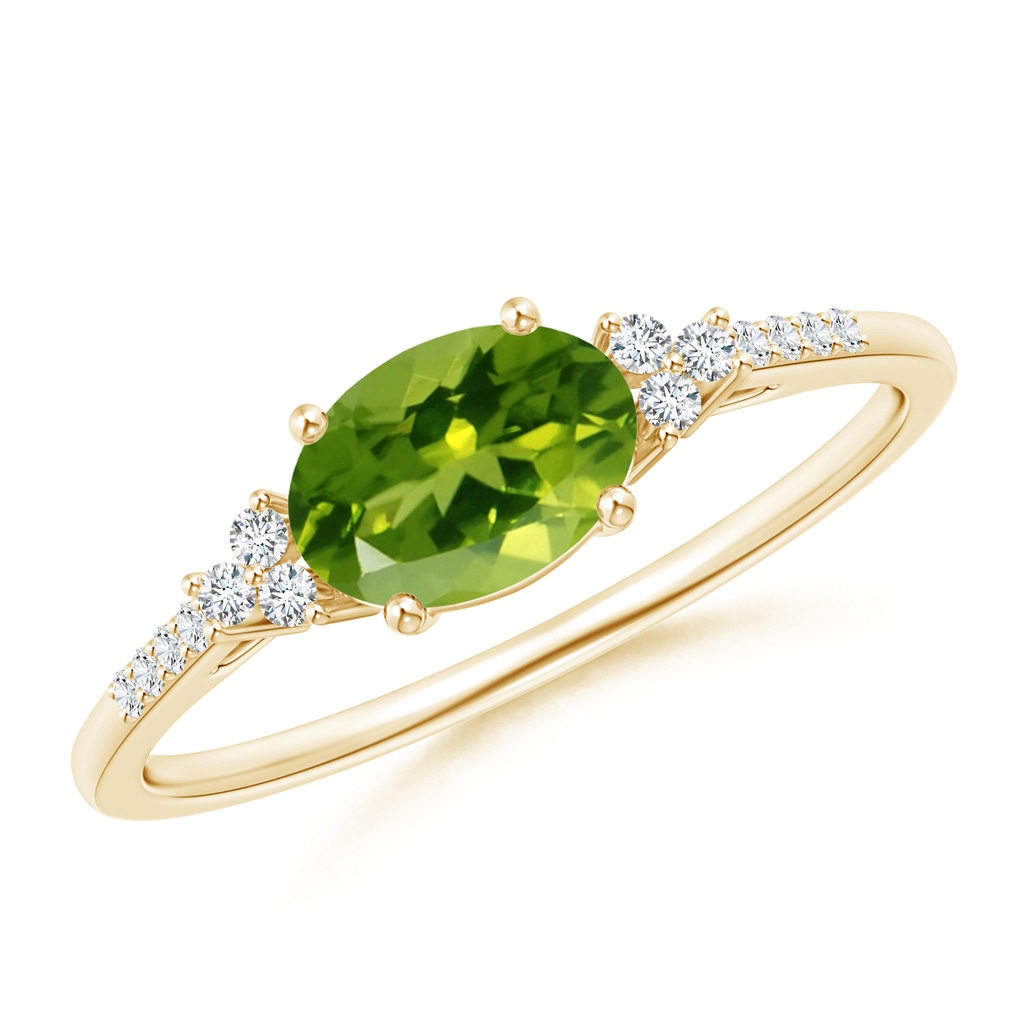 7x5mm AAAA Horizontally Set Oval Peridot Solitaire Ring with Trio Diamond Accents in Yellow Gold