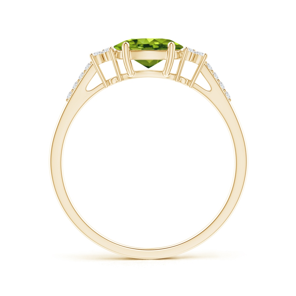 7x5mm AAAA Horizontally Set Oval Peridot Solitaire Ring with Trio Diamond Accents in Yellow Gold Side-1