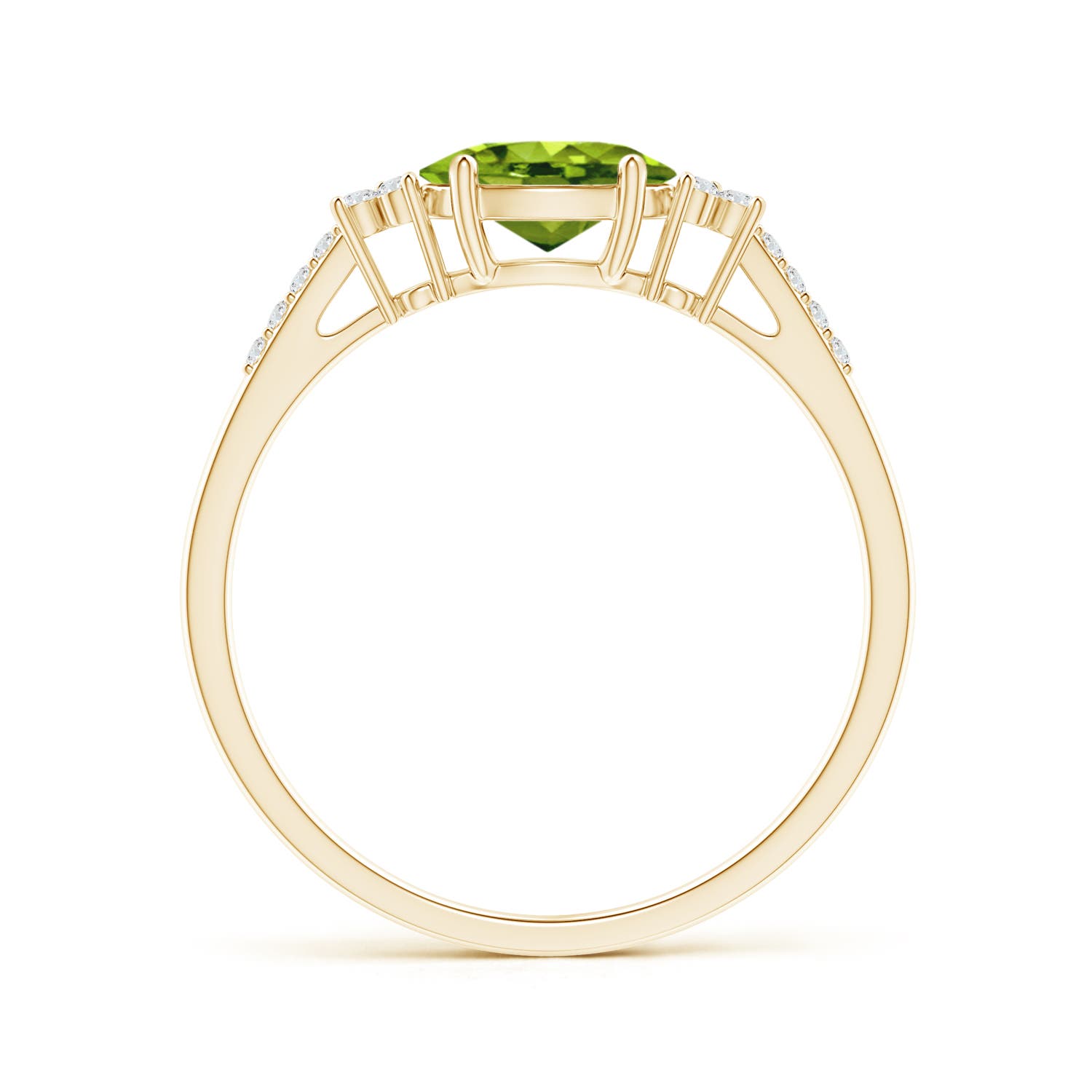 7x5mm AAAA Horizontally Set Oval Peridot Solitaire Ring with Trio Diamond Accents in Yellow Gold - side 2